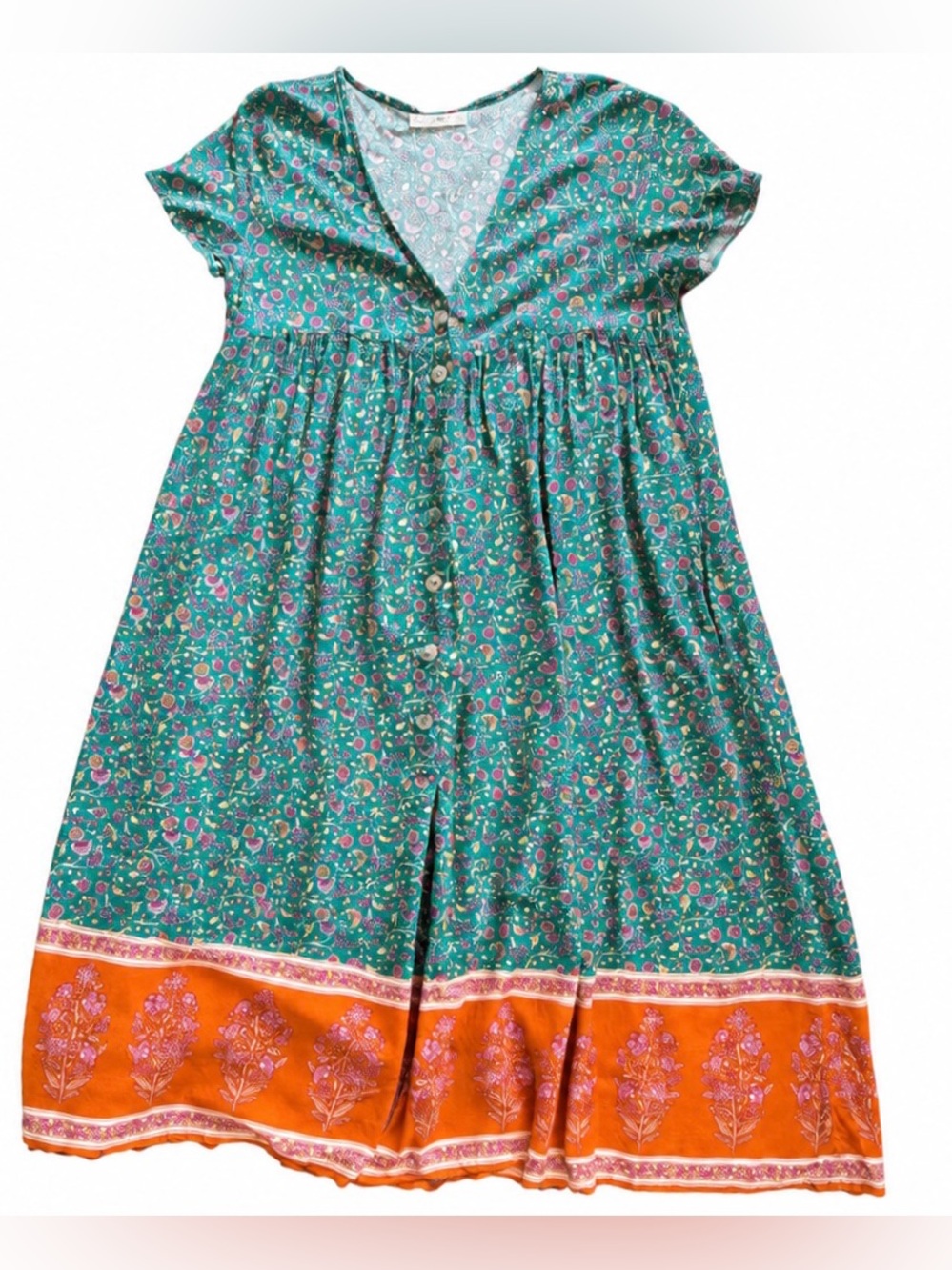 Natural Life Avery Midi Dress XS Teal Floral Boho Button Front Border Print NWOT - Picture 2 of 8